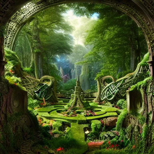 Image similar to a beautiful and highly detailed matte painting of a lush garden in a beautiful forest, carved celtic stone runes, psychedelic colors, intricate details, epic scale, insanely complex, hyperdetailed, artstation, cgsociety, 8 k, sharp focus, hyperrealism, by caspar friedrich, albert bierstadt, james gurney, brian froud,