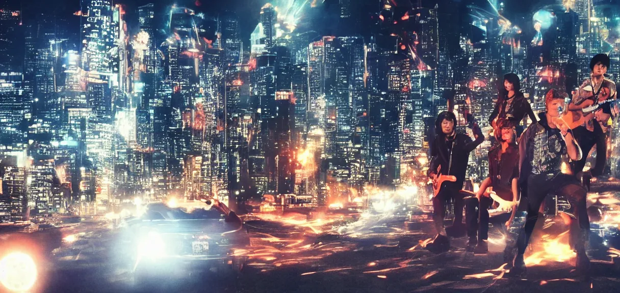 Prompt: The wide shot of disco punk rock Asian band with very long curly dark hair playing on guitars while Godzilla destructs the city, night city on the background, flying saucer in the sky, by Lubezki and David Lynch, anamorphic 35 mm lens, cinematic, anamorphic lens flares 4k