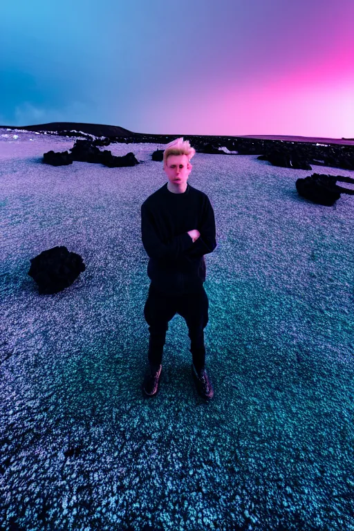 Image similar to high quality pastel coloured film wide angle selfie photograph of a plain male cyber boy standing in an icelandic black rock environment. sarcastic expression. three point light. photographic. art directed. pastel colours. volumetric light. stark. waves glitch. 8 k. filmic.