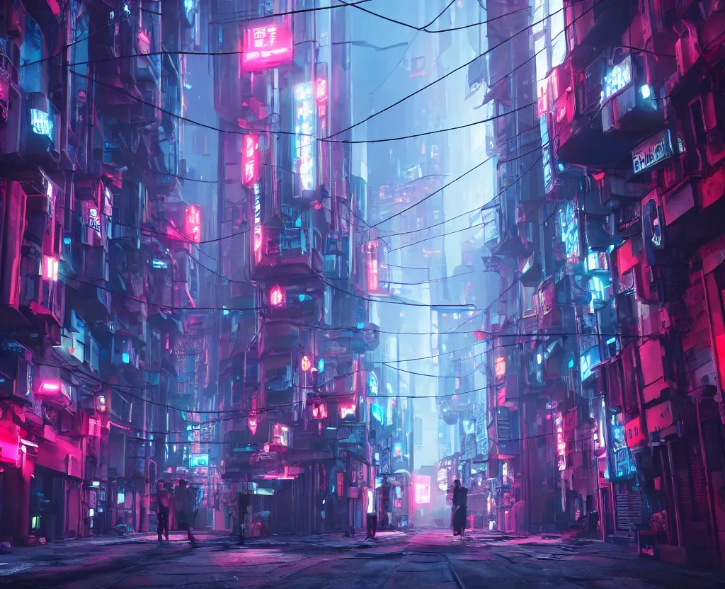 Image similar to three point perspective close wide angle shot of a matte painting environment design of cyberpunk alley with neon lights, people on the streets being monitored by flying drones, artstation, ultra realistic, volumetric lighting, 4k, octane render