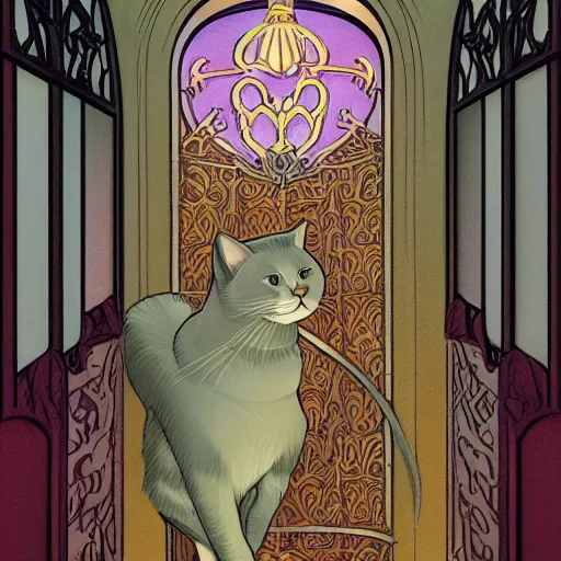 Image similar to a cat wearing a hooded cloak, in an elevator with art nouveau neon panelling, by moebius and james gurney and james jean and greg rutkowski, 8 k