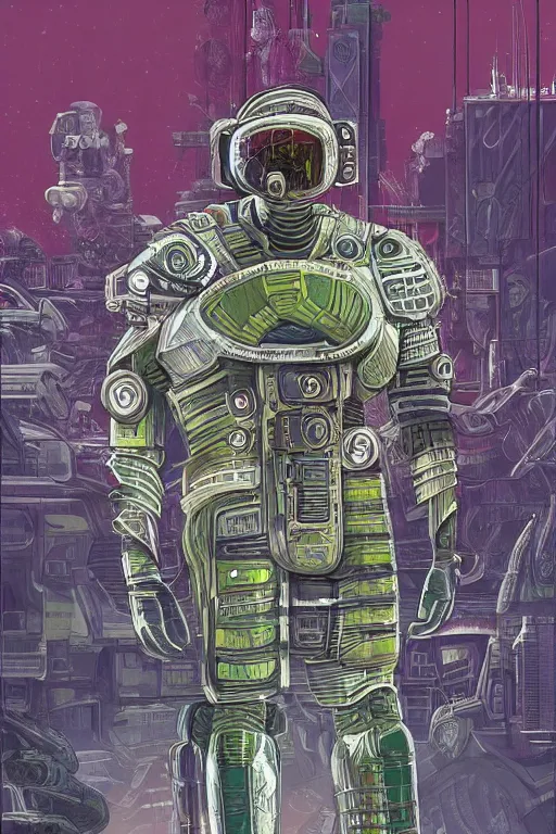 Prompt: post-soviet armored military android on a hyper-maximalist overdetailed retrofuturist scifi bookcover illustration from '70s. Biopunk, solarpunk style.