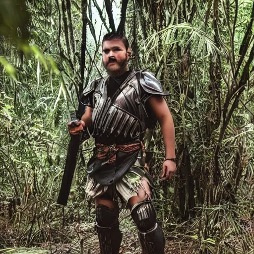 Image similar to call men wearing a jungle style clothes holding a weapon and wearing some armour looking around great photography