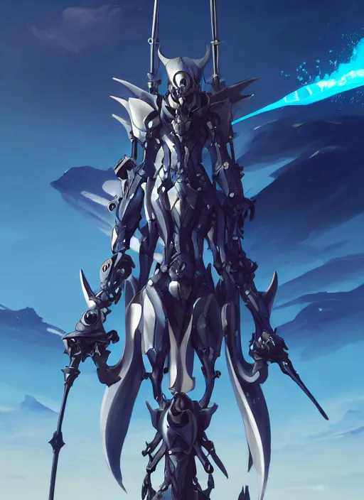 Image similar to close up of a mech armor witch holding a trident, extremely beautiful and aesthetic and cute and detailed face and body, back shark fin, big wave horizon, occlusion shadow, dynamic pose, slightly smiling, blue sky, big blade whale and black giants minotaurus, epic scene, fantasy illustrations, by makoto shinkai and peter mohrbacher and ferdinand knab