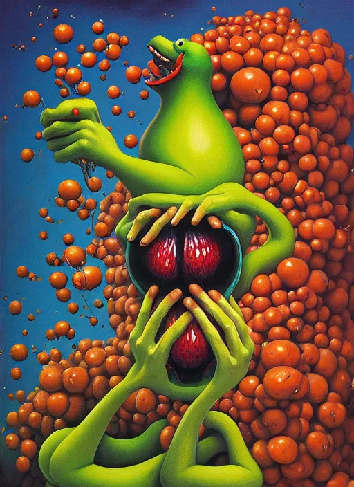 Image similar to hyper detailed Oil painting - Pepe Eats of the Strangling Fruit and His gossamer polyp blossoms bring iridescent fungal flowers whose spores black the foolish stars by Jacek Yerka, Mariusz Lewandowski, Abstract brush strokes, Masterpiece, Edward Hopper and James Gilleard, Zdzislaw Beksinski, Mark Ryden, Wolfgang Lettl, hints of Yayoi Kasuma