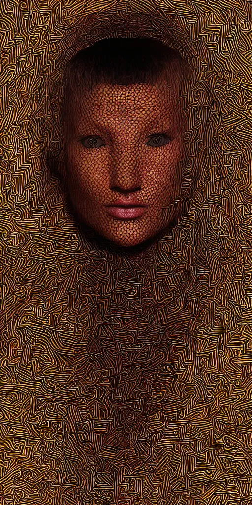 Image similar to : human with maze pattern skin all over hyper detailed art station  dalle2 3d render unity gigapixel  unrealengine trending on artstation,cinematic, hyper realism, high detail, octane render, 8k