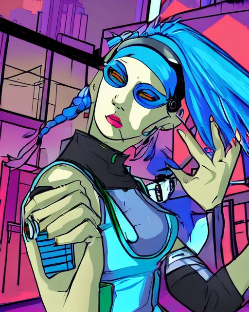 Image similar to cel shaded art of a pretty blue haired girl, jet grind radio graphics, cyberpunk city street background