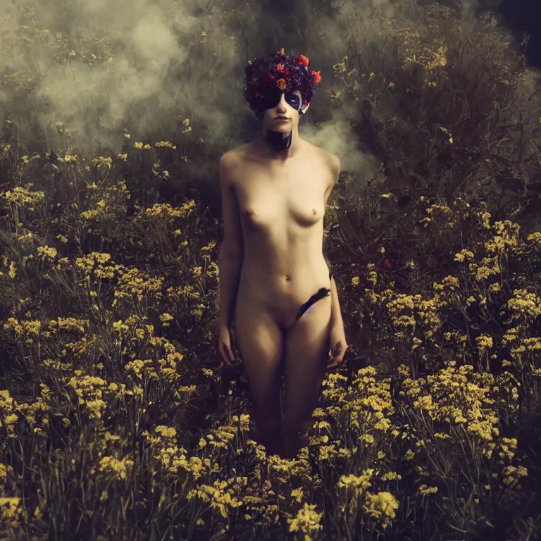 Image similar to The full body shot of beautiful pale woman with many flowers on her skin and full-face black mask with glowing halo, a thick black smoke in rocky desert landscape, glowing eyes, falling star on the background, burning earth by Christopher Doyle, Gaspar Noe, Alejandro Jodorowsky, anamorphic lens, cinematic composition, award winning photo, 8k