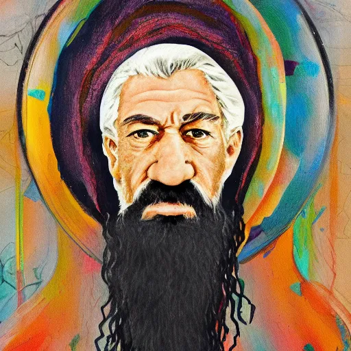 Prompt: abstract painting of ian mckellen as osama bin laden in a dark hood fighting an alien invasion in deep space by creatures from jupiter, arial shot, highly detailed, award painting, 8 k