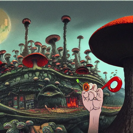 Image similar to A close up portrait of a scary godlike anthropomorphic frog smoking an anime cigarette , magic mushroom village in background . award winning. superb resolution. in the art style of junji Ito and greg rutkowski . Detailed Mushroom city in background. Hyper realistic anime. Perfect art. Dalle2