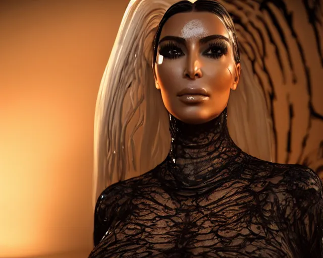 Image similar to epic full shot still of kim kardashian unconscious wearing a black lace dress in a transparent alien liquid, wet flowing hair, gooey skin, illustration, unreal engine 5, 8 k, made by h. r. giger.