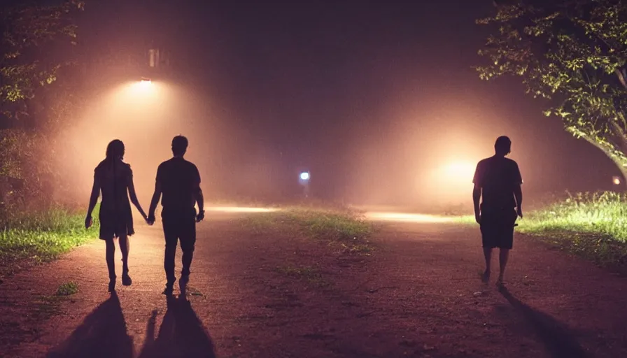 Image similar to a couple walking in the middle of fireflies in a poor neighbourhood, cinematic lighting, wow, establishing shot