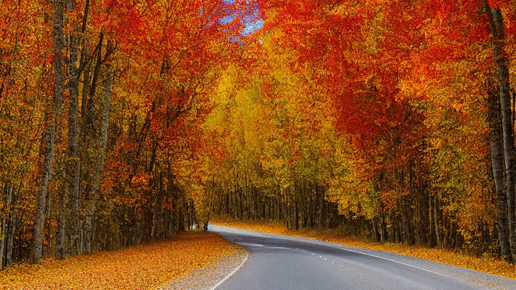 Prompt: a photograph of a country road! lined on! both sides by maple and poplar trees, in the autumn, red orange and yellow leaves, some leaves have fallen and are under the trees and on the road