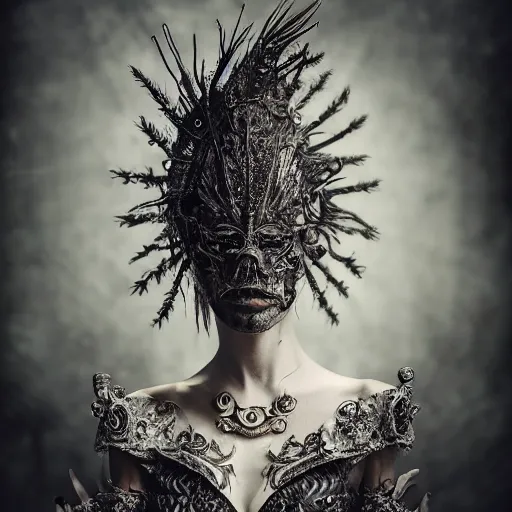 Prompt: a portrait of female model by stefan geselle and nekro borja, photorealistic, intricate details, hyper realistic, dark fantasy, ornate headpiece, dark beauty, photorealistic, canon r 3, photography, wide shot, photography, dark beauty, symmetrical features, unreal engine