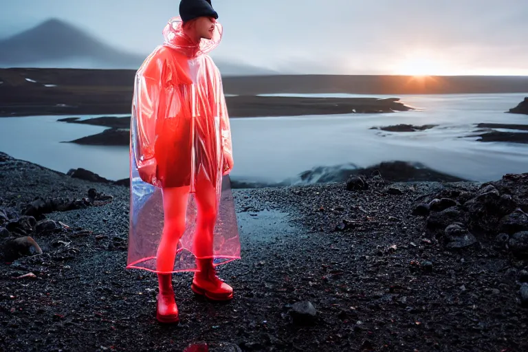 Image similar to an ultra high definition professional high fashion portrait studio full length photograph of a model wearing a transparent pearlescent raincoat and neon visor in an icelandic black rock environment at dawn. no artefacts. extremely detailed. stark. shallow depth of field. volumetric light and shadow. ray tracing. light ray.