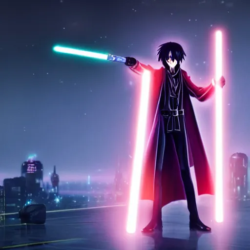 eccentric Lelouch Lamperouge holding a lightsaber