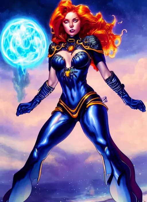 Image similar to front portrait hands behinds pose of attractive Starfire with ginger wavy hair using white gloves, hands behind her pose!, Intricate overlay flames imagery , D&D!, fantasy style, sharp focus!, ultra detailed, art by Artgerm and Peter Andrew Jones, WLUP