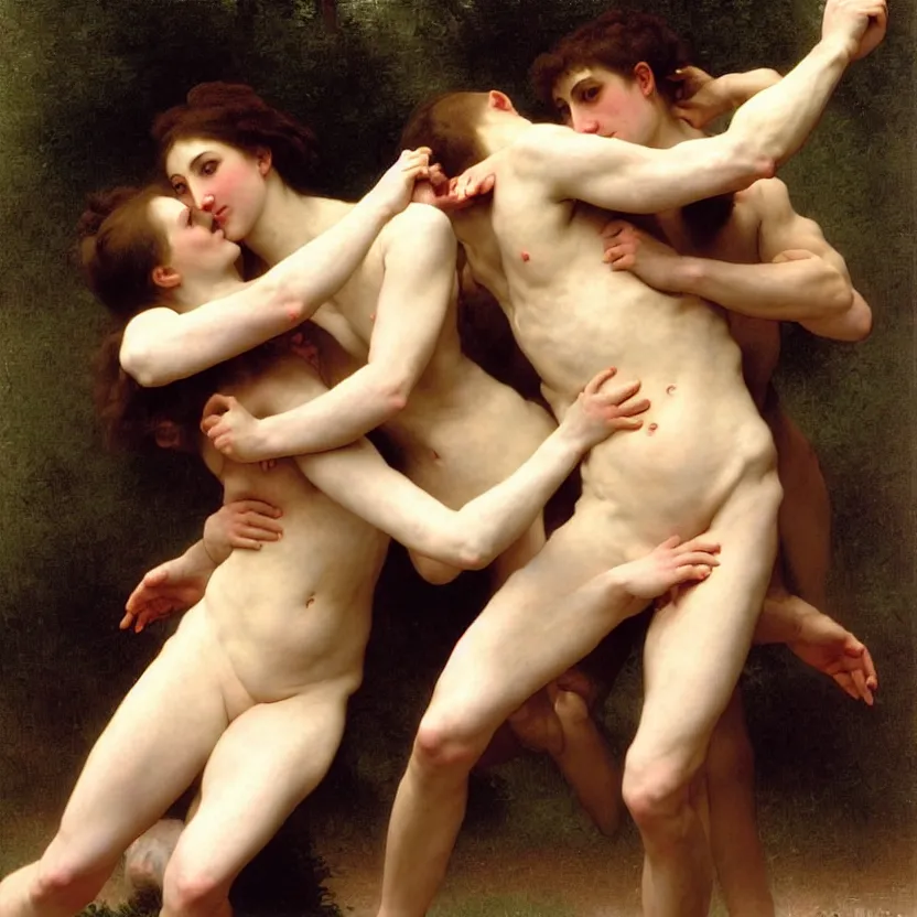 Image similar to a painting of a man and a woman joined at the waist, wrestling to break free of each other. by bouguereau.