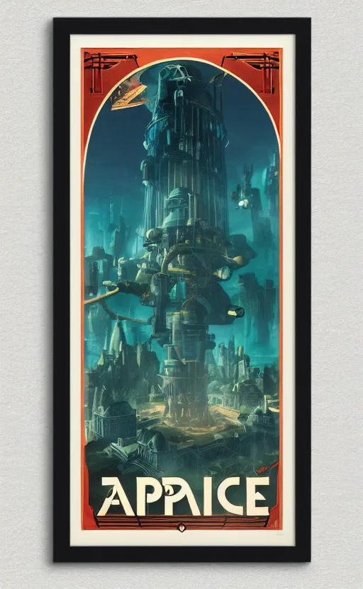 Image similar to art deco travel poster of the underwater city of rapture from bioshock, framed poster