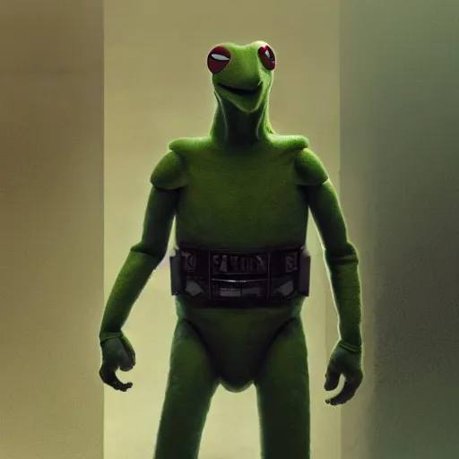 Image similar to keanu reeves playing kermit the frog in a dystopian sci fi movie, highly detailed, 4 k, concept art