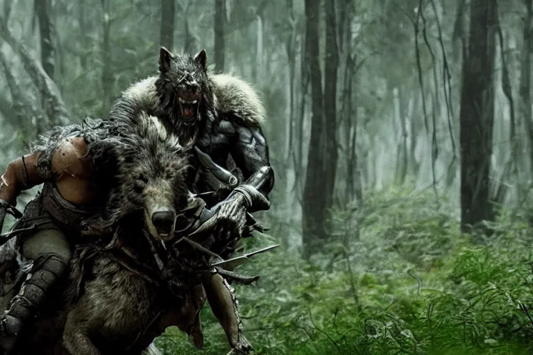 Image similar to vfx movie closeup detailed ancient armored warrior orc hunting riding large wolf in the forest, natural lighting by emmanuel lubezki