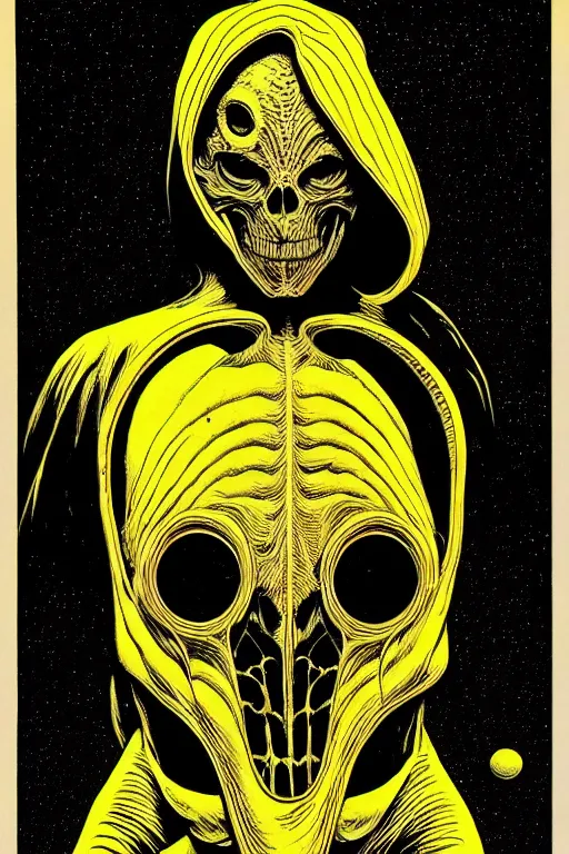 Image similar to portrait of black and yellow technicolor grainshading print, richard corben, wayne barlowe, moebius, heavy metal comic cover art, psychedelic triangular skeleton, very intricate, thick outline, full body, symmetrical face, long black crown, in a shapes background, galactic dark colors
