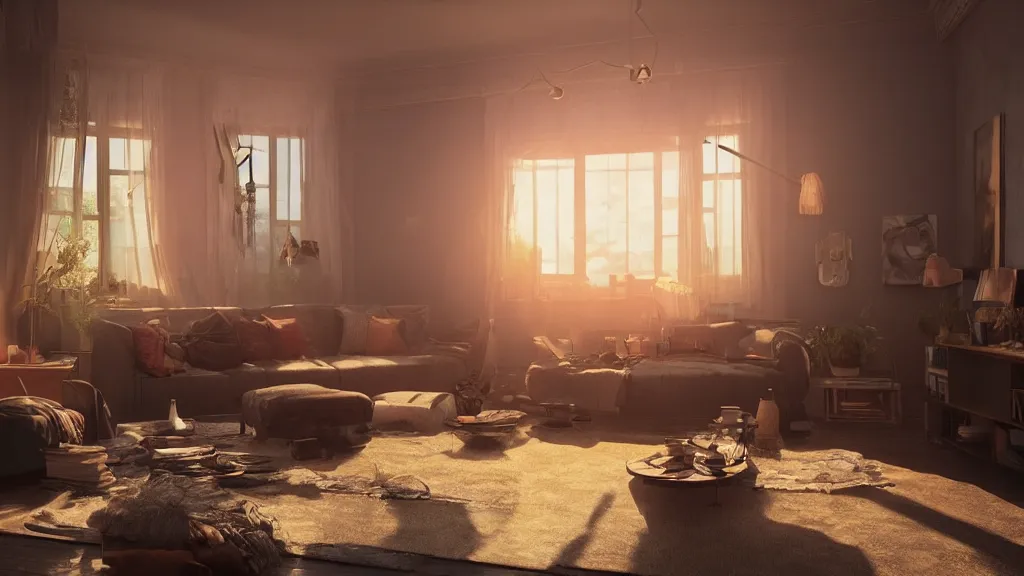 Image similar to a photorealistic hyperrealistic render of an interior of a beautifully decorated cozy living room by pixar, greg rutkowski, wlop, artgerm, dramatic moody sunset lighting, long shadows, volumetric, cinematic atmosphere, octane render, artstation, 8 k