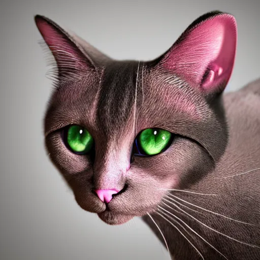 Image similar to a pink cute cat with big ears and big eyes, zeiss lens, detailed, symmetrical, centered, fashion photoshoot, by Annie Leibovitz and Steve McCurry, David Lazar, Jimmy Nelsson, Breathtaking, 8k resolution, extremely detailed, beautiful, establishing shot, artistic, hyperrealistic, beautiful face, octane render