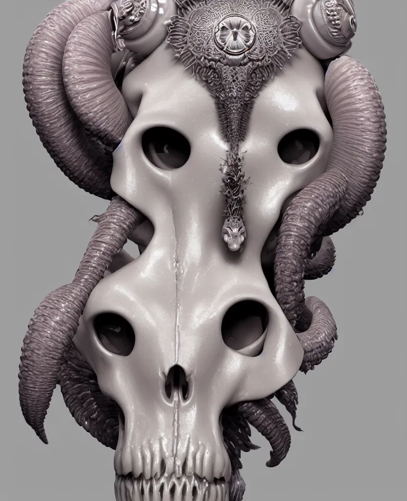 Image similar to goddess princess face close-up portrait ram skull. hard surface modelling zbrush. jellyfish phoenix head, nautilus, orchid, skull, betta fish, bioluminiscent creatures, intricate artwork by Tooth Wu and wlop and beeple. octane render, trending on artstation, greg rutkowski very coherent symmetrical artwork. cinematic, hyper realism, high detail, octane render, 8k