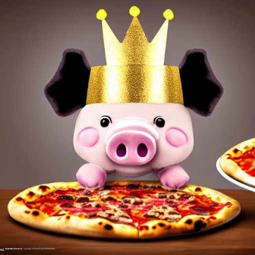 Prompt: realistic photo of a cute plush pig wearing a gold crown eating a pizza at a table with a bib on, high quality, cinematic concept art