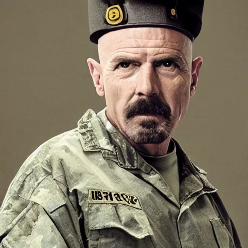 Image similar to water white from breaking bad dressed as an army commander, 1 9 4 5, sharp focus, hyper realistic, sony 3 5 mm lens