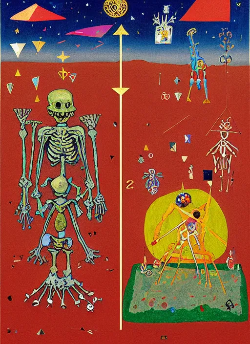 Image similar to pixel decollage painting tarot lovers card composition tower of babel road red armor maggot bear and wonky alien frog skeleton knight on a horse in a dark red cloudy night sky with golden foil jewish stars, occult symbols and diamonds, mountain lake and blossoming field in background, painted by Mark Rothko, Helen Frankenthaler, Danny Fox and Hilma af Klint, pixelated, neo expressionism, semi naive, pastel colors, cinematic, color field painting, cave painting, voxel, pop art look, outsider art, minimalistic. Bill Traylor painting, part by Philip Guston and Francis Bacon. art by Adrian Ghenie, very coherent symmetrical artwork, cinematic, hyper realism, high detail, octane render, unreal engine, Smooth gradients, depth of field, full body character drawing, extremely detailed, 8k, extreme detail, intricate detail, masterpiece