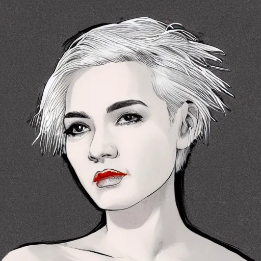 Prompt: portrait of a woman with short white hair, medium shot, illustration, highly detailed, high quality, by frank miller