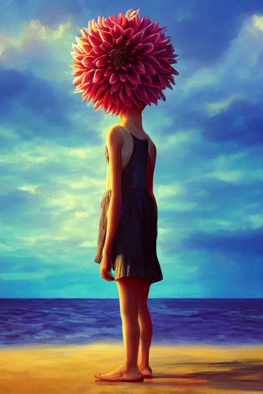 Image similar to closeup giant dahlia flower head, girl standing on beach, surreal photography, blue sky, sunrise, dramatic light, impressionist painting, digital painting, artstation, simon stalenhag