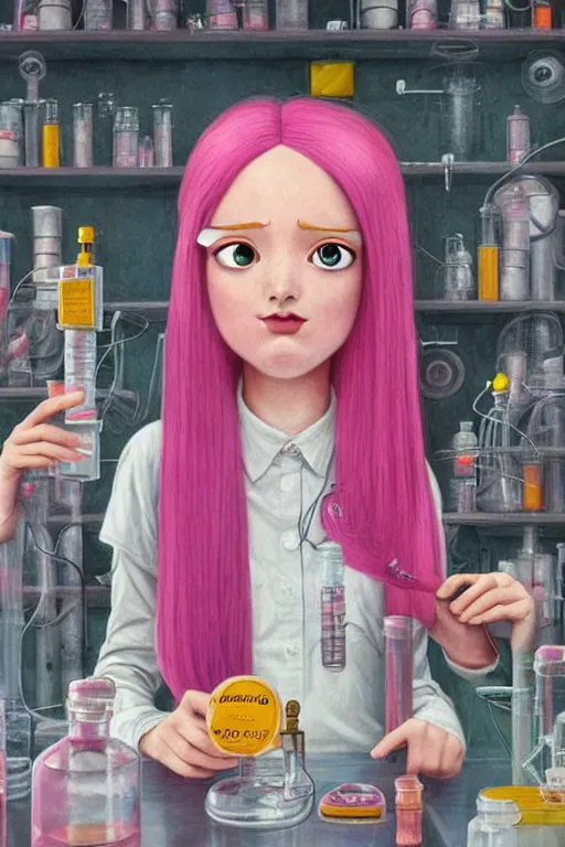 Prompt: highly detailed, industrial profile portrait of adult princess bubblegum from adventure time, experimenting in her science lab, wearing lab coat, long bubblegum hair, long straight bangs, confident, beautiful, attractive, illustration concept art by nicoletta ceccoli, mark ryden, lostfish, detailed and intricate environment, 8 k resolution, hyperrealistic, octane render, deviant art