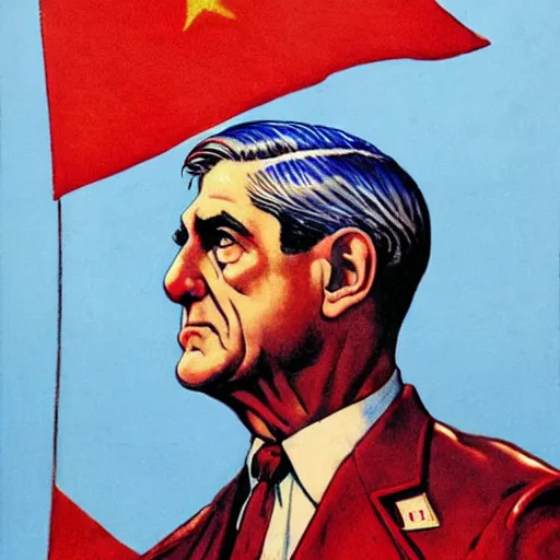 Prompt: propaganda poster of robert mueller standing in front of soviet flag by j. c. leyendecker, bosch, lisa frank, jon mcnaughton, and beksinski
