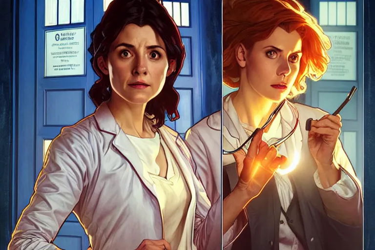 Image similar to doctor who, woman as a mad dentist in the tardis, art by artgerm and greg rutkowski and alphonse mucha