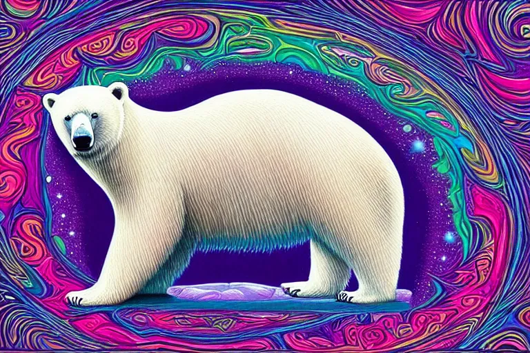 Image similar to a relaxed polar bear looking to the sky by lisa frank, alex grey, flooko, acrylic, digital art, painting,