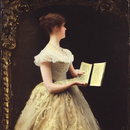 Image similar to young victorian lady in ball gown, absent - minded, holding a book, painted by alfred stevens