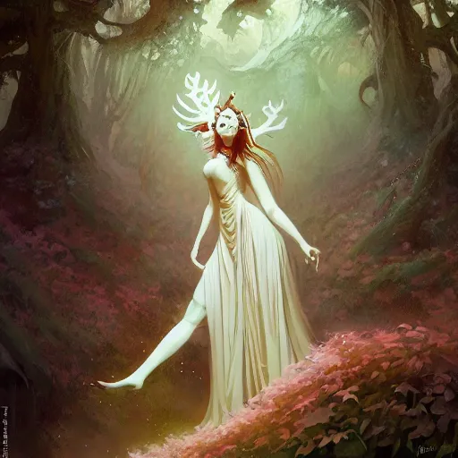 Prompt: full body portrait of a beautiful forest goddess, by pete mohrbacher and greg rutkowski