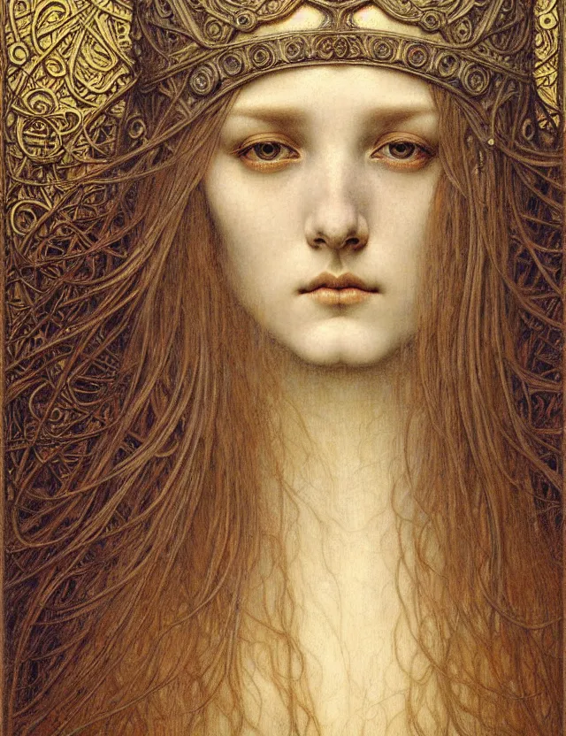 Image similar to detailed realistic beautiful young medieval queen face portrait by jean delville, gustave dore and marco mazzoni, art nouveau, symbolist, visionary, gothic, pre - raphaelite. horizontal symmetry