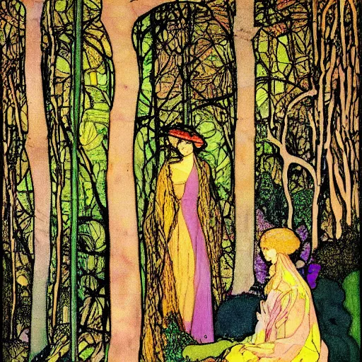 Prompt: a painting of a woman in a forest, a silk screen by harry clarke, deviantart, arts and crafts movement, pre - raphaelite, mixed media, creative commons attribution