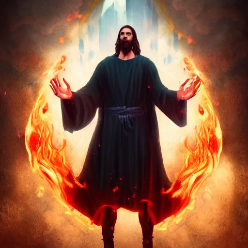 Image similar to A fantasy comic book style portrait painting ofJesus spell casting flames in a atmospheric dark fortress, unreal 5, magician, DAZ, hyperrealistic, octane render, RPG portrait, ambient light, dynamic lighting