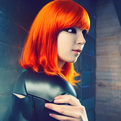 Prompt: Portrait of a beautiful cyberpunk android, orange hair