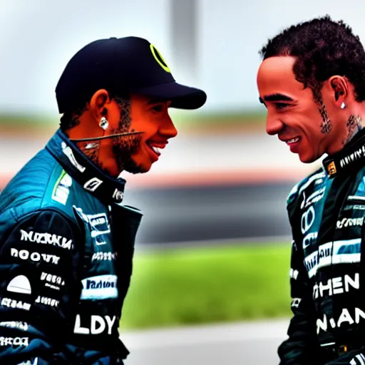 Image similar to lewis hamilton with ayrton senna, nikon photorealistic award - winning 4 k bright