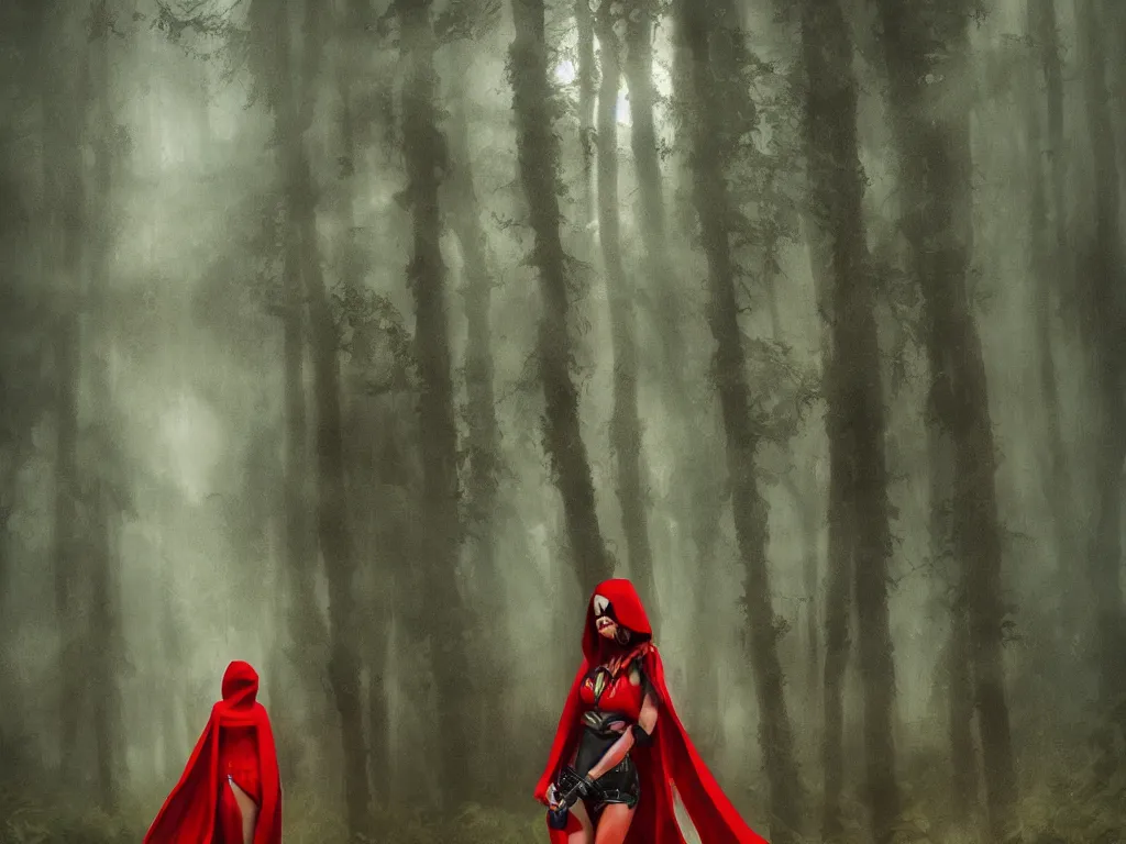 Image similar to a lonely girl in a red hood with a hummer in a deep mystical forest. award winning. dramatic. trending on artstation. midjourney. high quality