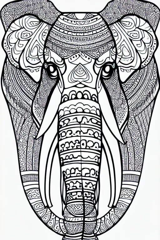 Image similar to elephant ornaments fractal ink drawing line art colouring page vector margins, fine lines