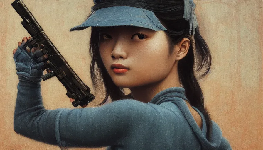 Image similar to a ultradetailed beautiful painting of a girl holding a gun on rio de janeiro by cheng hsiao - ron, ngai victo, jean delville by wlop and dougherty patrick, trending on artstation, sci fi, futurism, post capitalism, octane rendering, sharp focus