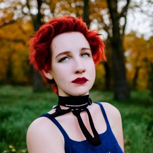 Image similar to Portrait of a cute young woman with short colored hair and a choker, portrait photography, cottagecore, upper body image, 35mm f/1.4, iso 100