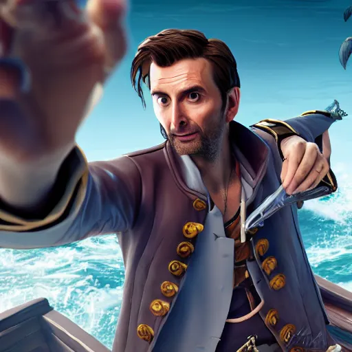 Image similar to david Tennant in the Sea of thieves, 85mm photography, ultra detailed, sharp focus, art by artgerm, 8k, game screenshot, hyperrealistic